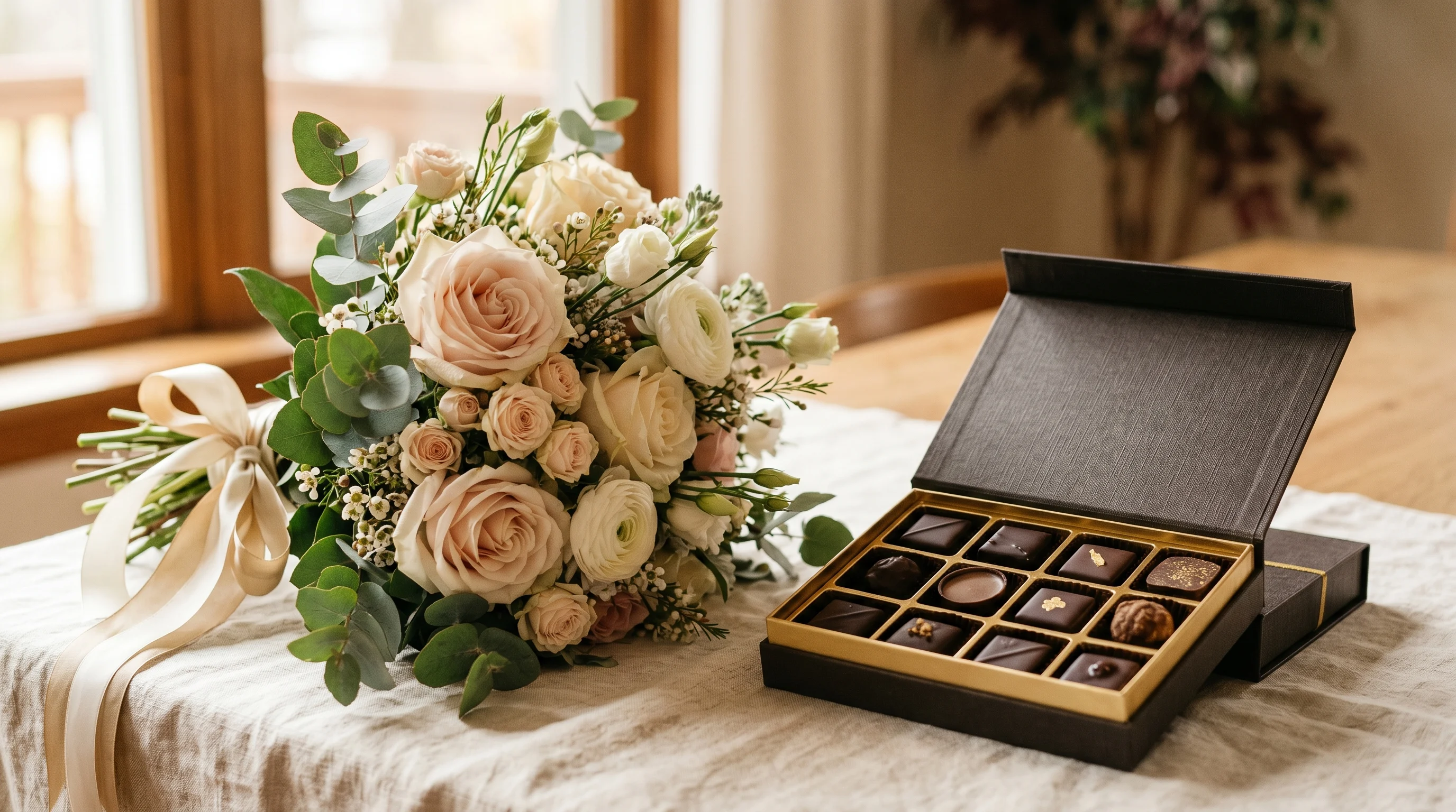 Fresh bouquet paired with a box of premium German chocolates