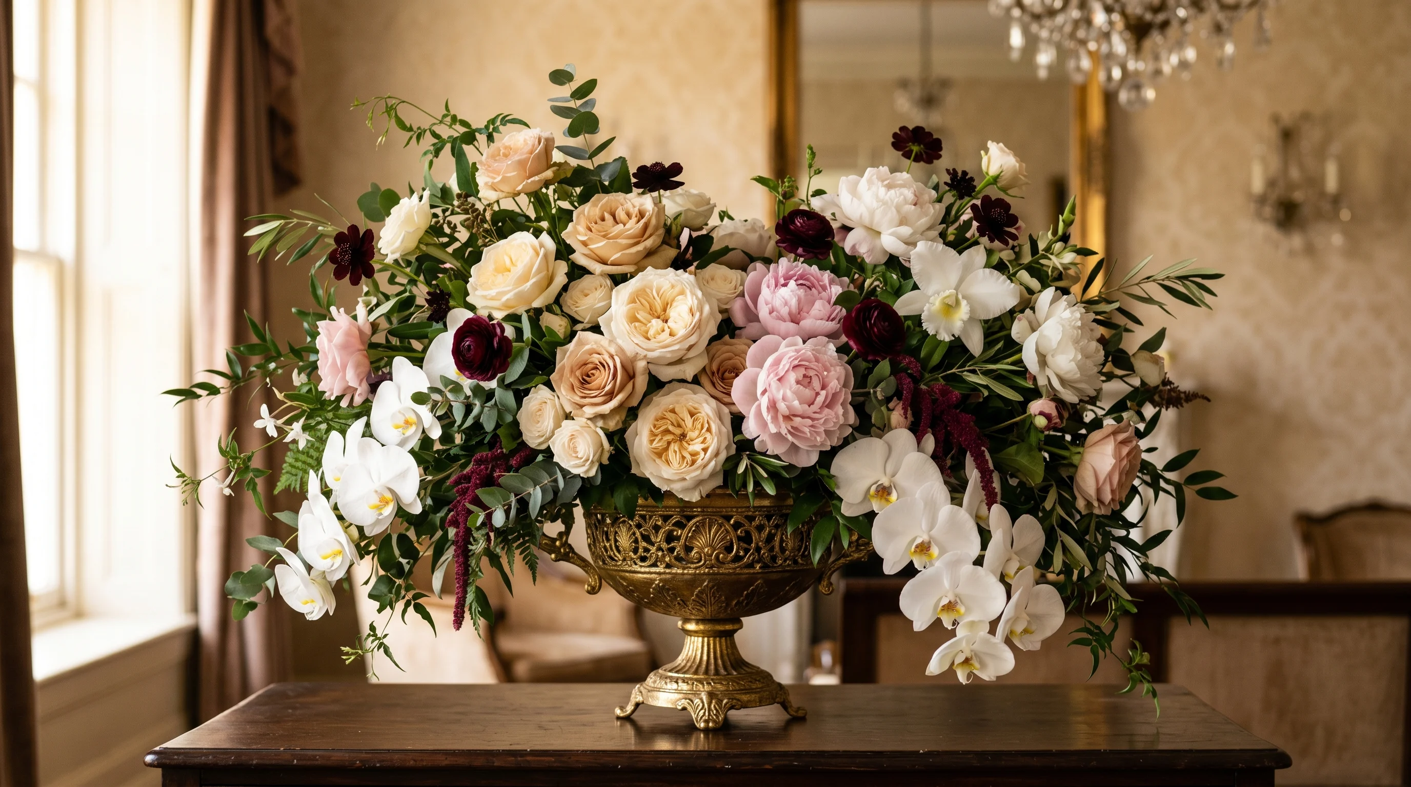 Opulent luxury flower arrangement in a gold footed vase