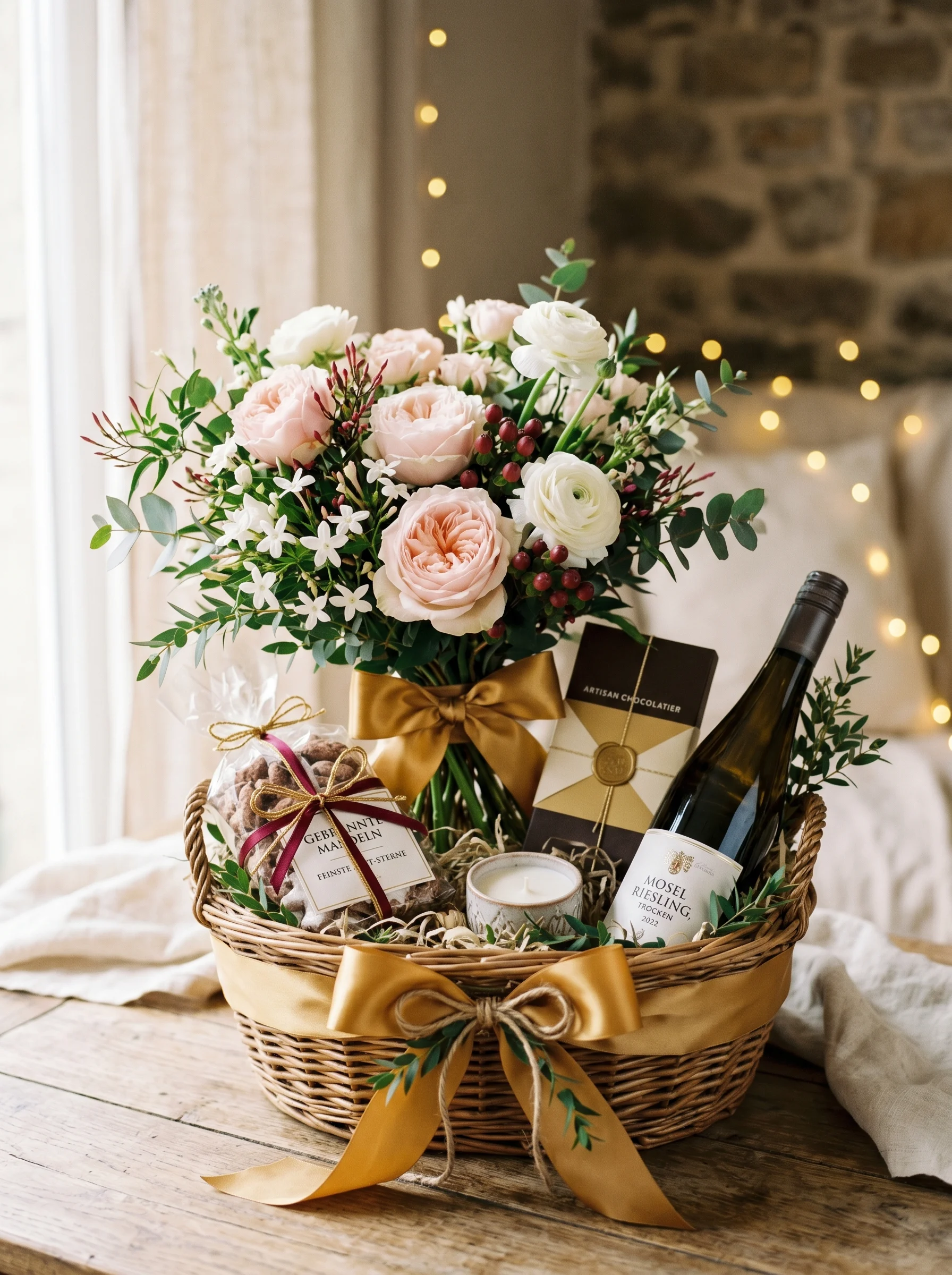 Premium German gift hamper with flowers, chocolates and Riesling