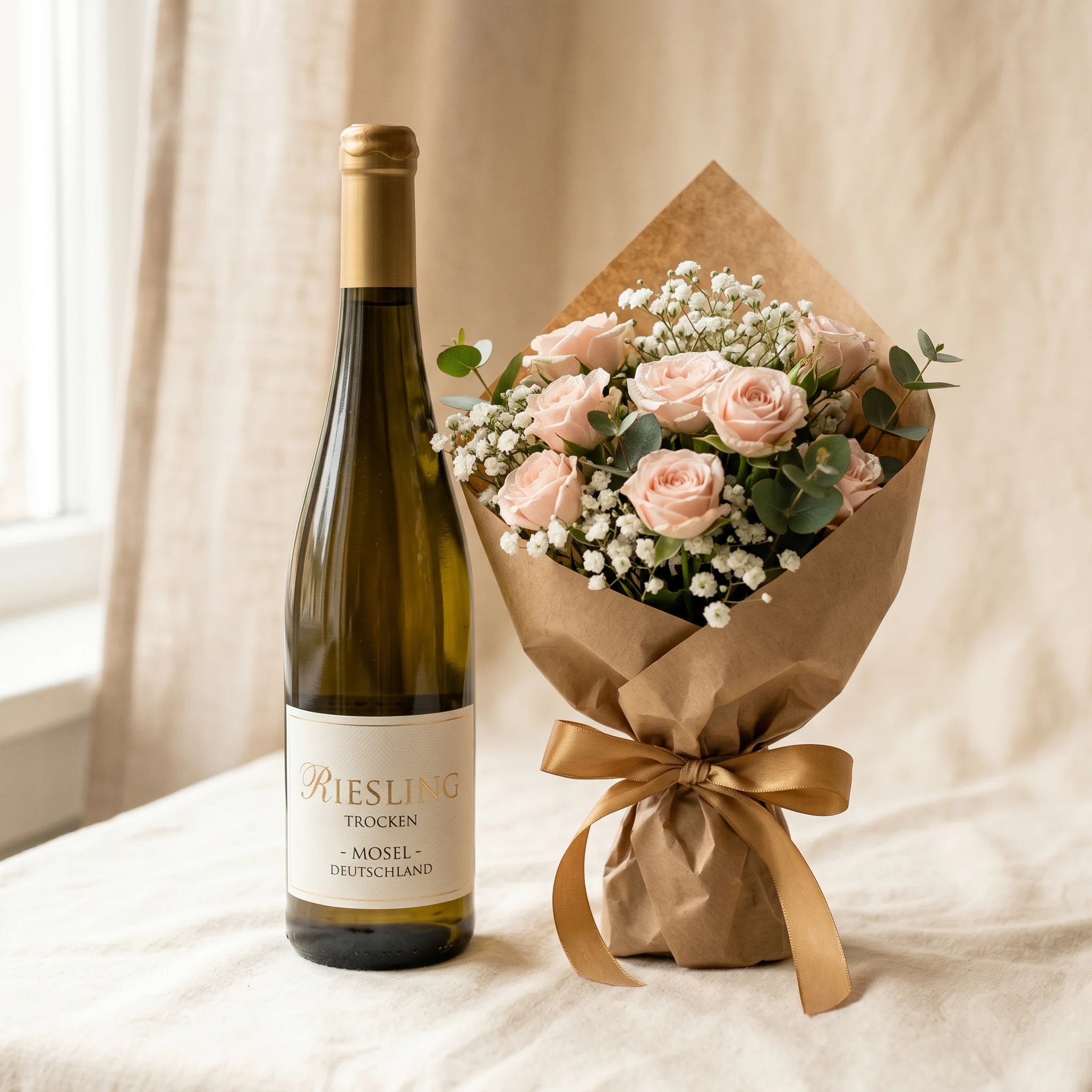 German Riesling wine paired with a fresh rose bouquet gift
