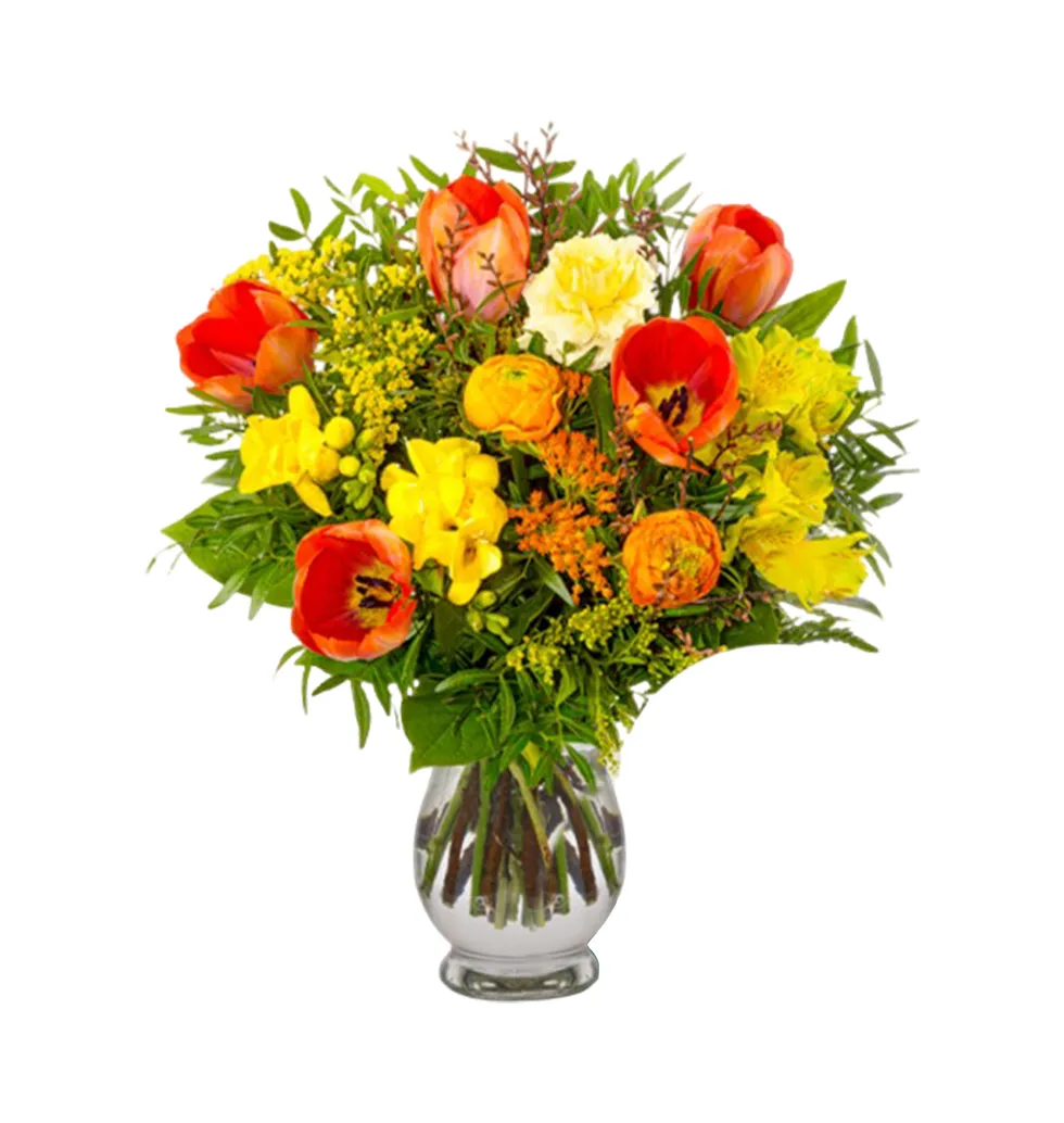 Vibrant Floral Harmony with Stylish Vase & Gourmet Treats