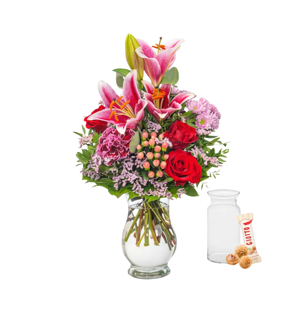 Sophisticated Floral Arrangement with Chocolates and Vase
